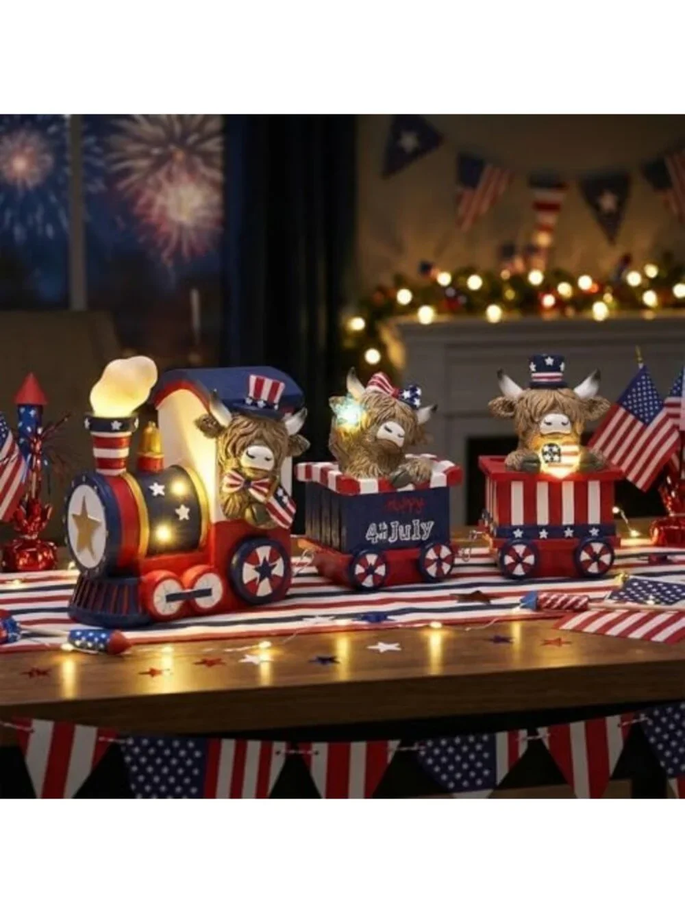 Patriotic 4th of July Highland Cow Train Decor - LED Lighted Home Decorations